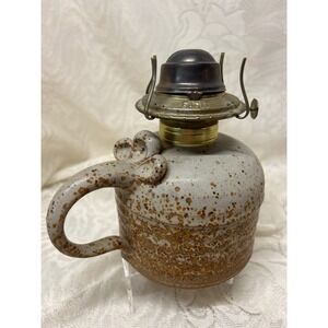 Vintage Art Studio Pottery Oil Lamp‎ with Handle Signed Rustic Glazed Ceramic